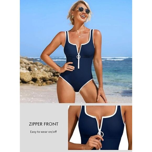 CHARMO‎ Swimsuit Women’s Size Small Navy White One Piece/ Zipper Front - Picture 3 of 14